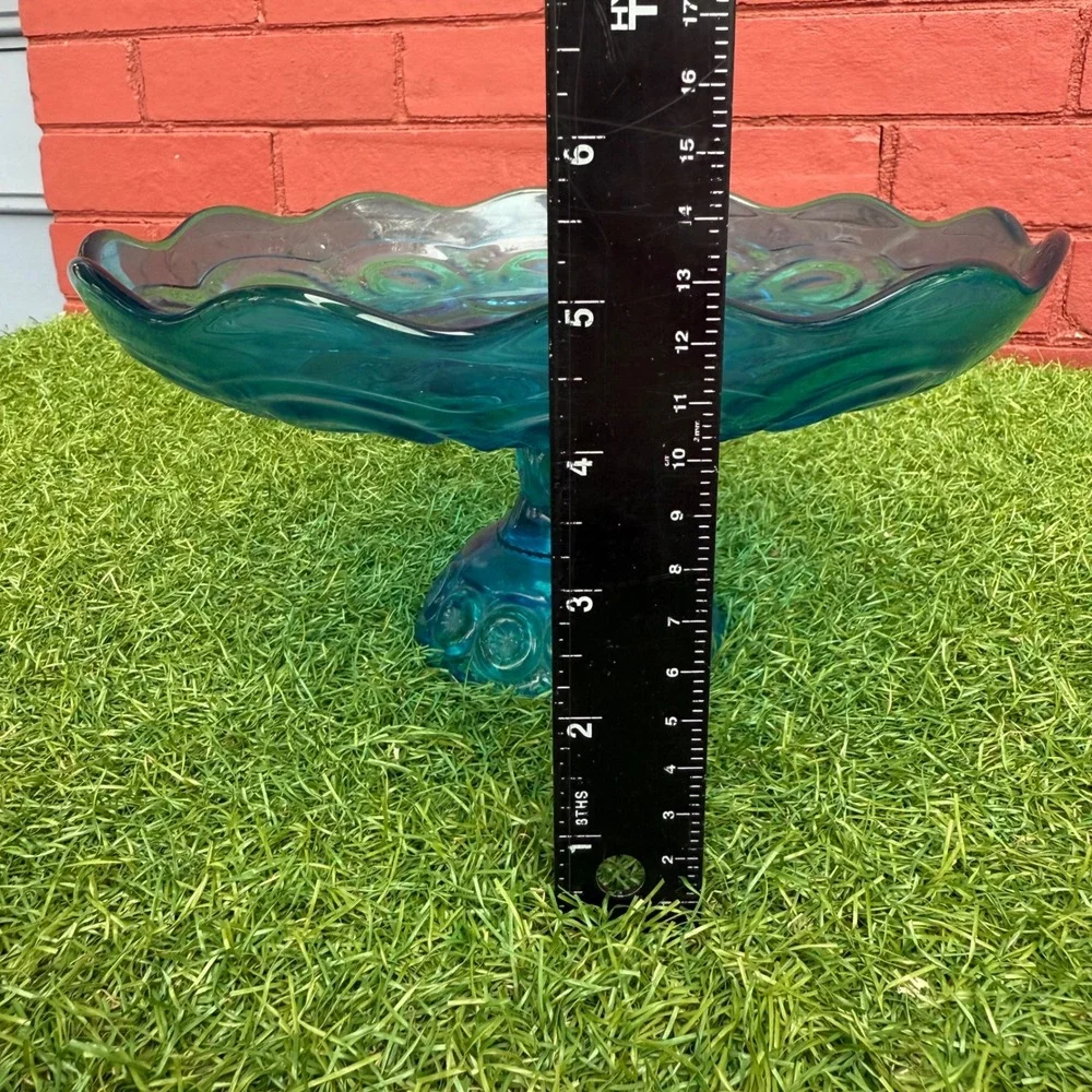 Vintage LE Smith Teal‎ Moon and Stars Glass Pedestal Cake Stand Candy Dish